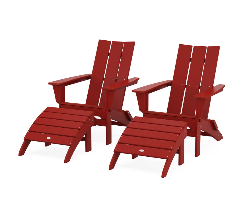 POLYWOOD Modern Folding Adirondack Chair 4-Piece Set with Ottomans in Crimson Red