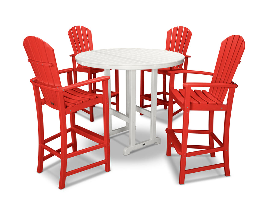 POLYWOOD Palm Coast 5-Piece Round Farmhouse Bar Set in Sunset Red / White image