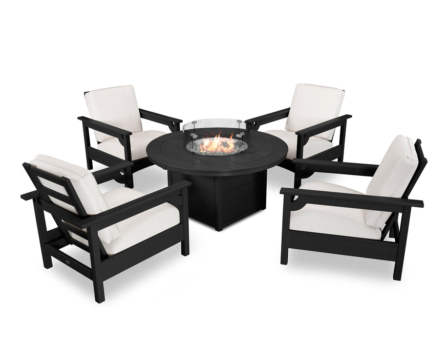 POLYWOOD Club 5-Piece Conversation Set with Fire Pit Table in Black / Bird's Eye