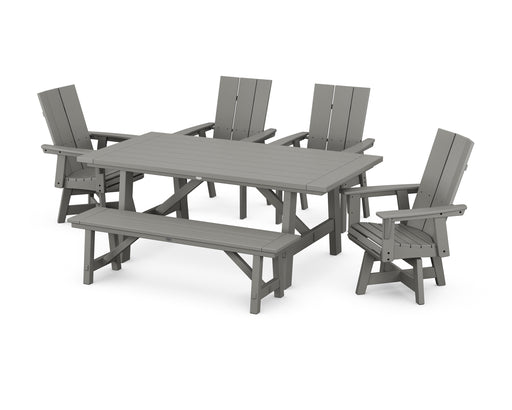 POLYWOOD Modern Curveback Adirondack Swivel Chair 6-Piece Rustic Farmhouse Dining Set with Bench in Slate Grey image