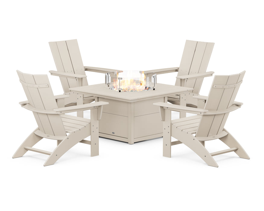 POLYWOOD Modern Curveback Adirondack 5-Piece Conversation Set with Fire Pit Table in Sand image