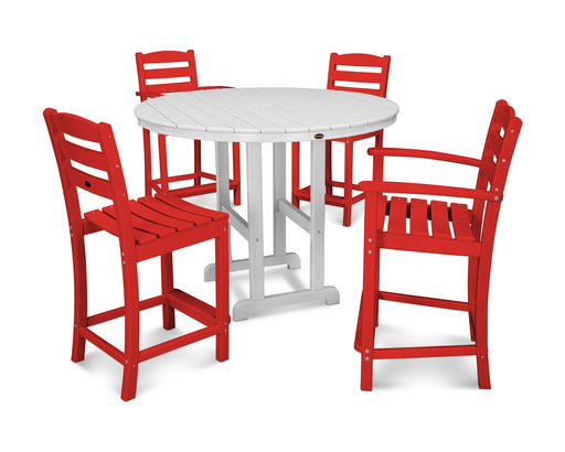 POLYWOOD La Casa Cafe 5-Piece Round Farmhouse Counter Dining Set in Sunset Red / White image