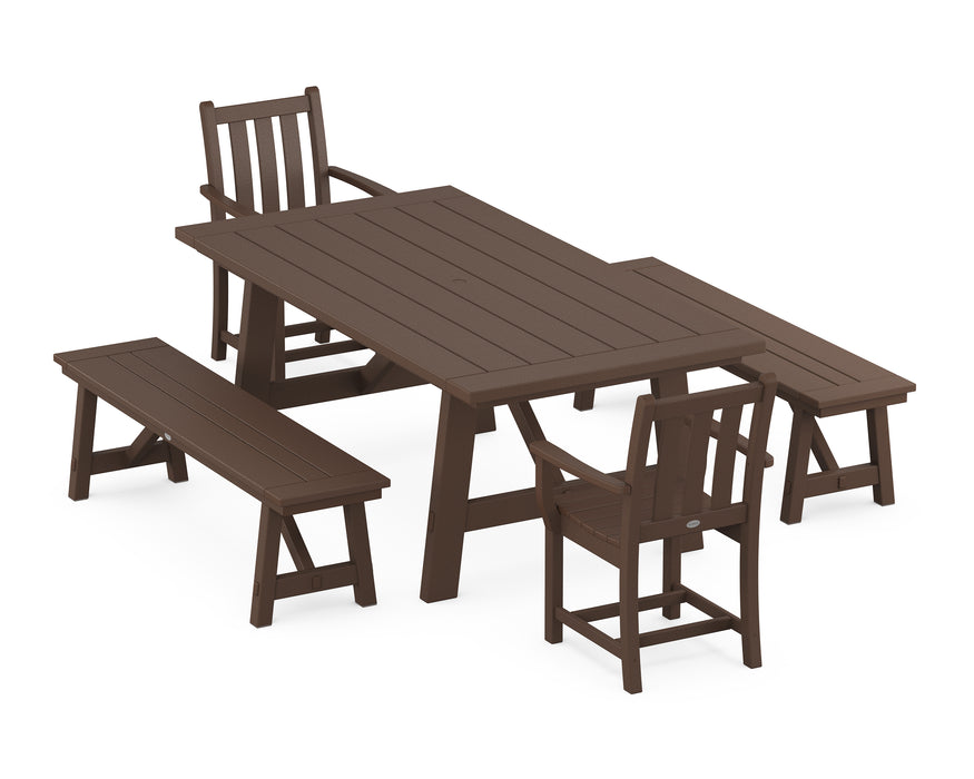 POLYWOOD Traditional Garden 5-Piece Rustic Farmhouse Dining Set With Benches in Mahogany image