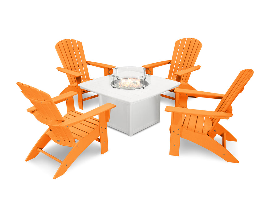 POLYWOOD Nautical Curveback Adirondack 5-Piece Conversation Set with Fire Table in Tangerine / White