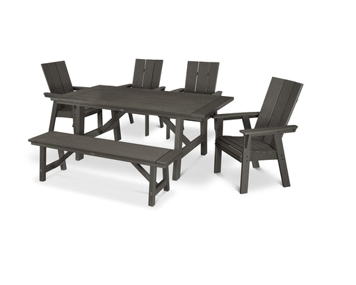 POLYWOOD Modern Curveback Adirondack 6-Piece Rustic Farmhouse Dining Set with Bench in Vintage Coffee image