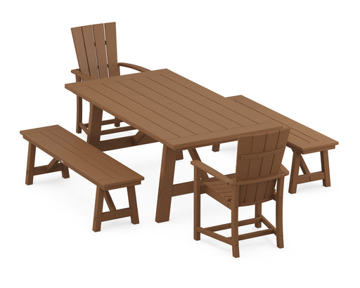 POLYWOOD Quattro 5-Piece Rustic Farmhouse Dining Set With Benches in Teak image