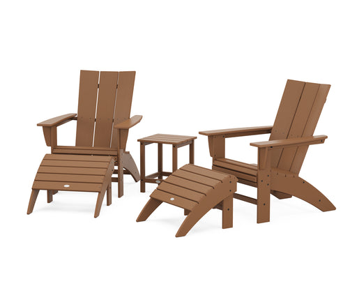 POLYWOOD Modern Curveback Adirondack Chair 5-Piece Set with Ottomans and 18" Side Table in Teak image