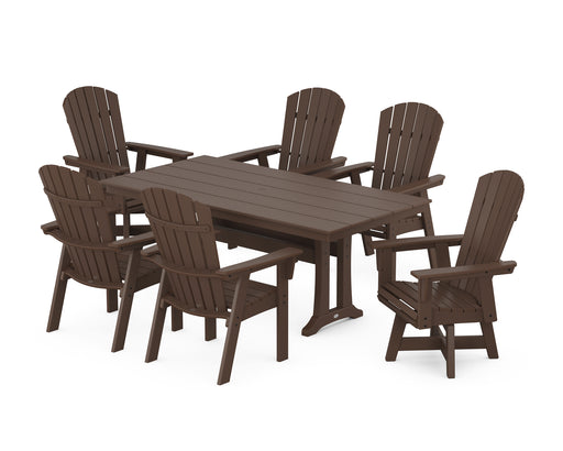 POLYWOOD Nautical Curveback Adirondack Swivel Chair 7-Piece Farmhouse Dining Set With Trestle Legs in Mahogany image