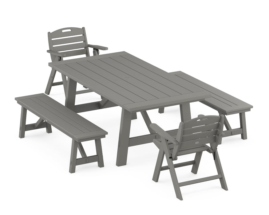 POLYWOOD Nautical Lowback Chair 5-Piece Rustic Farmhouse Dining Set With Benches in Slate Grey