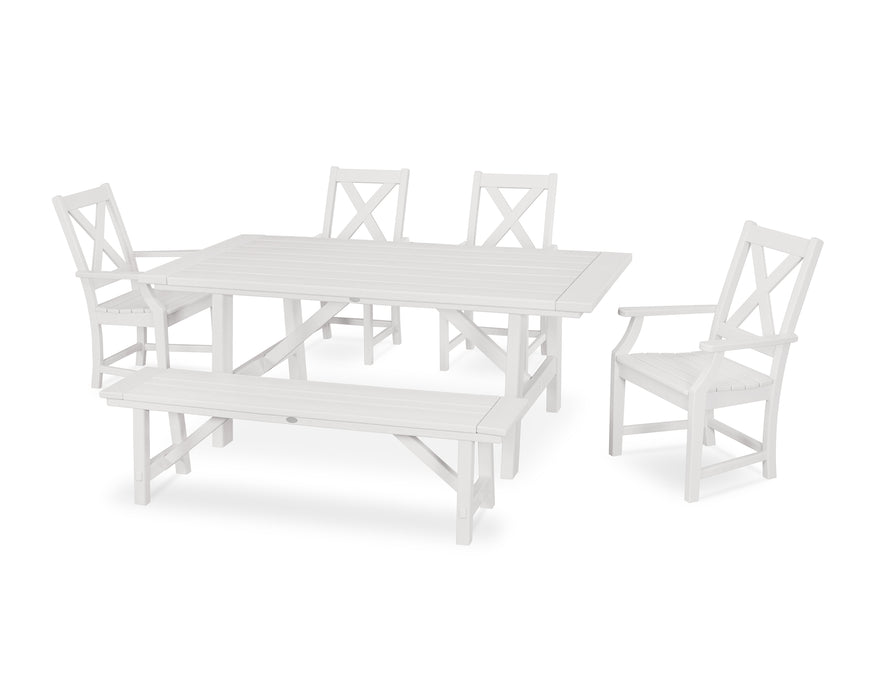 POLYWOOD Braxton 6-Piece Rustic Farmhouse Arm Chair Dining Set with Bench in White