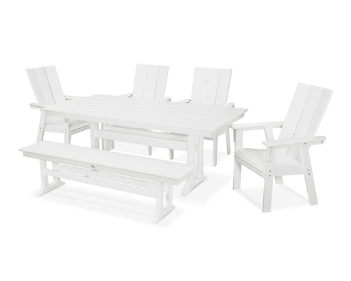 POLYWOOD Modern Curveback Adirondack 6-Piece Farmhouse Dining Set with Trestle Legs and Bench in White image