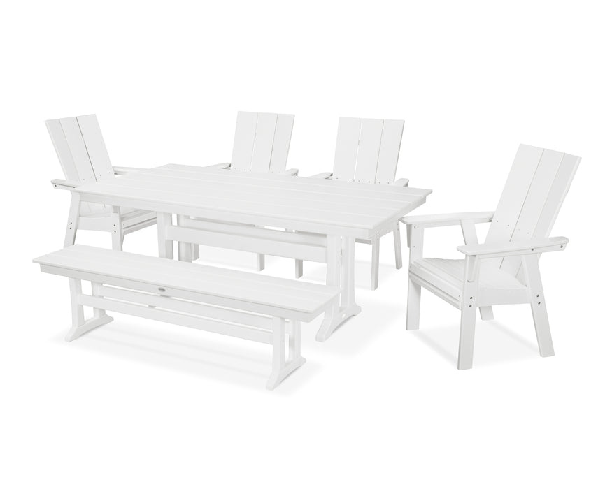 POLYWOOD Modern Curveback Adirondack 6-Piece Farmhouse Dining Set with Trestle Legs and Bench in White image