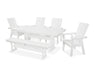 POLYWOOD Modern Curveback Adirondack 6-Piece Farmhouse Dining Set with Trestle Legs and Bench in White image