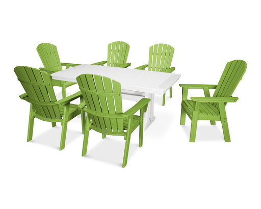 POLYWOOD Nautical Curveback Adirondack 7-Piece Dining Set with Trestle Legs in Lime / White image