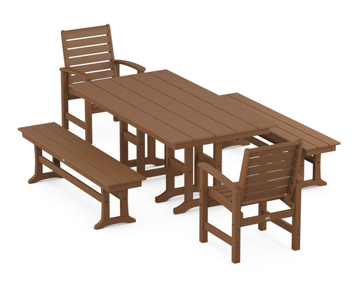 POLYWOOD Signature 5-Piece Farmhouse Dining Set with Benches in Teak image