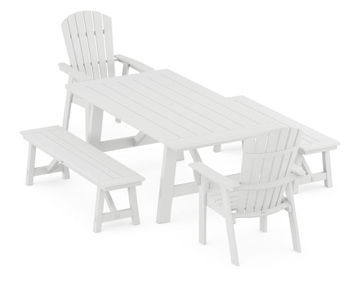 POLYWOOD Nautical Curveback Adirondack 5-Piece Rustic Farmhouse Dining Set With Benches in White image