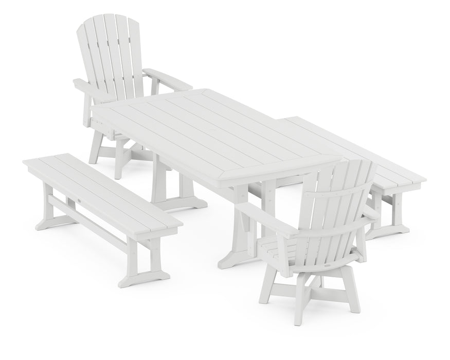 POLYWOOD Nautical Curveback Adirondack Swivel Chair 5-Piece Dining Set with Trestle Legs and Benches in White image