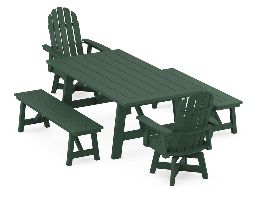 POLYWOOD VineyardCurveback Adirondack Swivel Chair 5-Piece Rustic Farmhouse Dining Set With Benches in Green