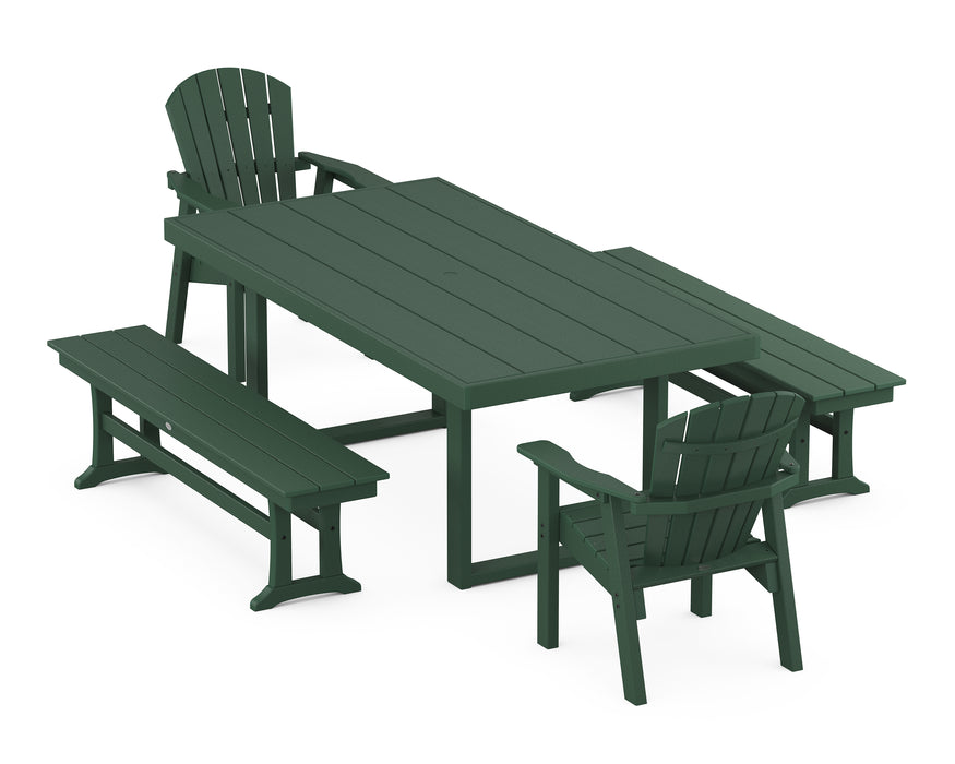 POLYWOOD Seashell 5-Piece Dining Set with Benches in Green