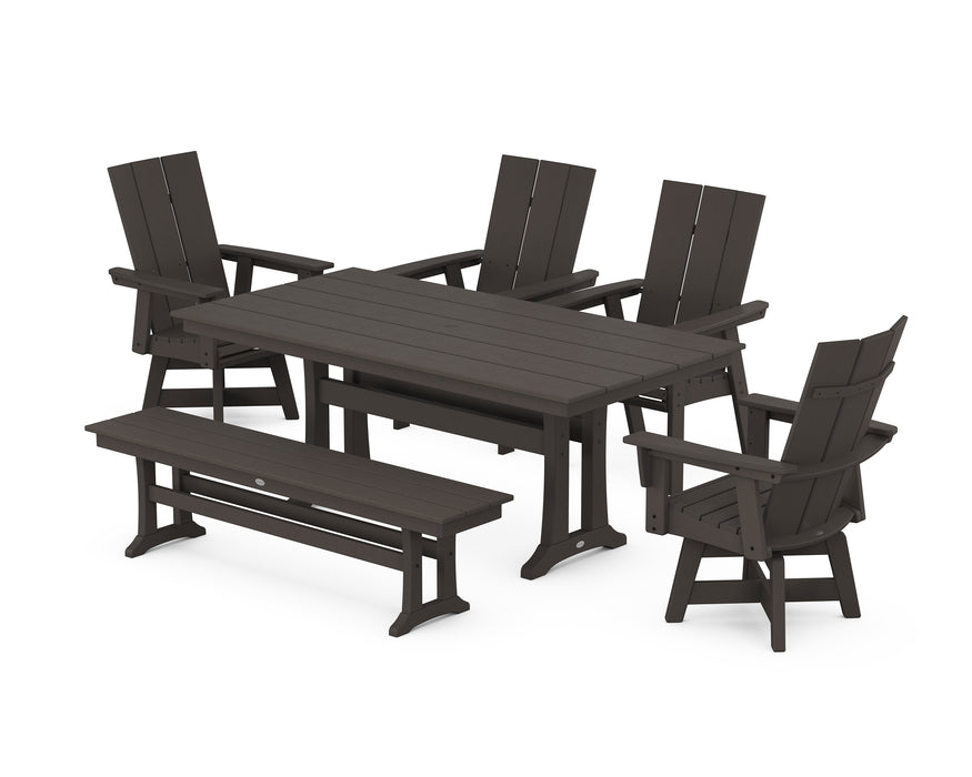 POLYWOOD Modern Curveback Adirondack Swivel Chair 6-Piece Farmhouse Dining Set With Trestle Legs and Bench in Vintage Coffee image
