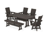POLYWOOD Modern Curveback Adirondack Swivel Chair 6-Piece Farmhouse Dining Set With Trestle Legs and Bench in Vintage Coffee image