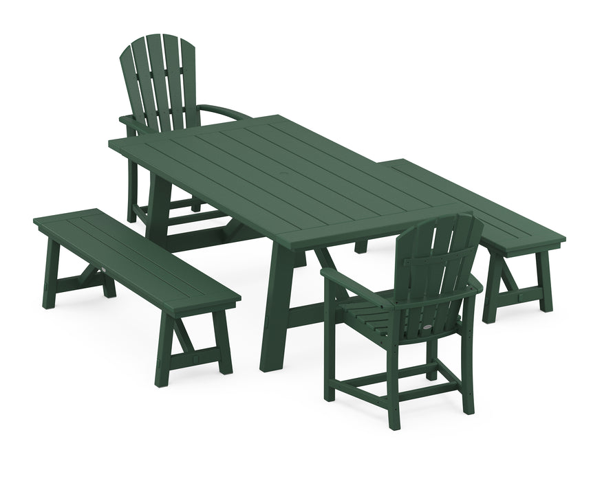 POLYWOOD Palm Coast 5-Piece Rustic Farmhouse Dining Set With Benches in Green image