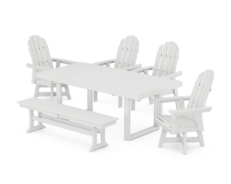 POLYWOOD Vineyard Curveback Adirondack Swivel Chair 6-Piece Dining Set with Bench in White