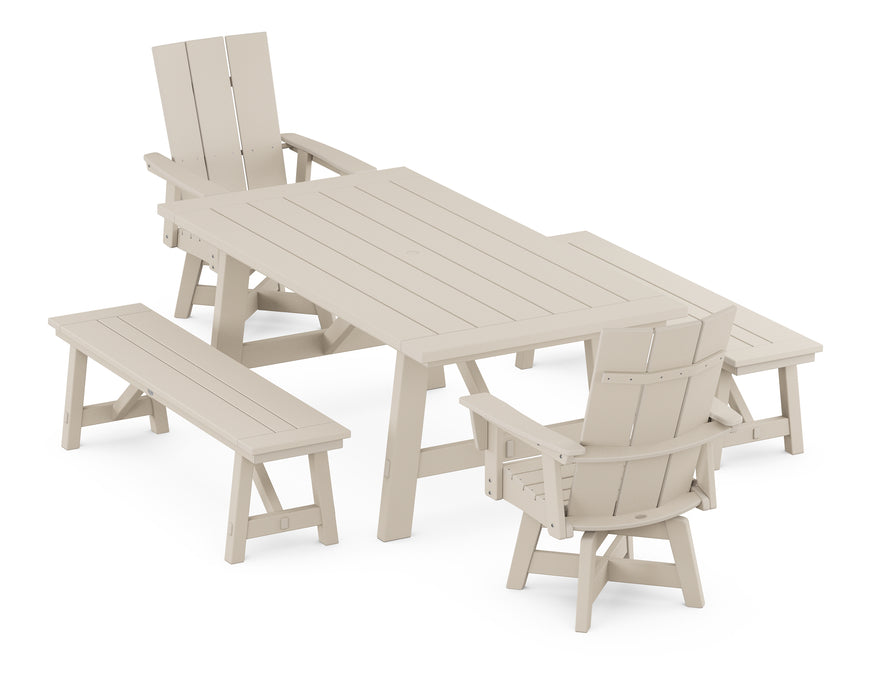 POLYWOOD Modern Curveback Adirondack Swivel Chair 5-Piece Rustic Farmhouse Dining Set With Benches in Sand image