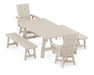 POLYWOOD Modern Curveback Adirondack Swivel Chair 5-Piece Rustic Farmhouse Dining Set With Benches in Sand image
