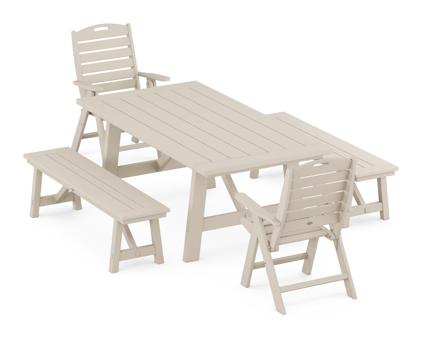 POLYWOOD Nautical Highback Chair 5-Piece Rustic Farmhouse Dining Set With Benches in Sand image