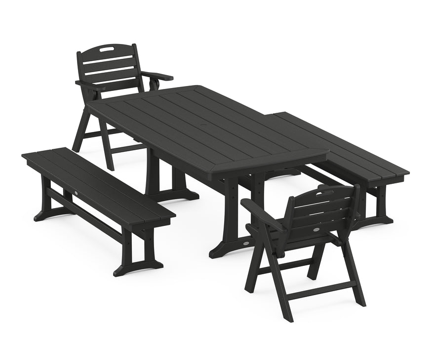 POLYWOOD Nautical Lowback Chair 5-Piece Dining Set with Trestle Legs and Benches in Black image