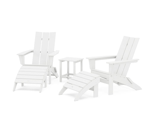 POLYWOOD Modern Folding Adirondack Chair 5-Piece Set with Ottomans and 18" Side Table in White image