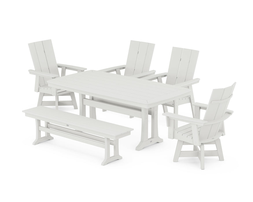 POLYWOOD Modern Curveback Adirondack Swivel Chair 6-Piece Dining Set with Trestle Legs and Bench in Vintage White image