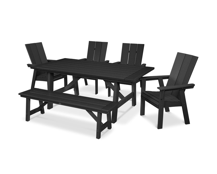 POLYWOOD Modern Curveback Adirondack 6-Piece Rustic Farmhouse Dining Set with Bench in Black image