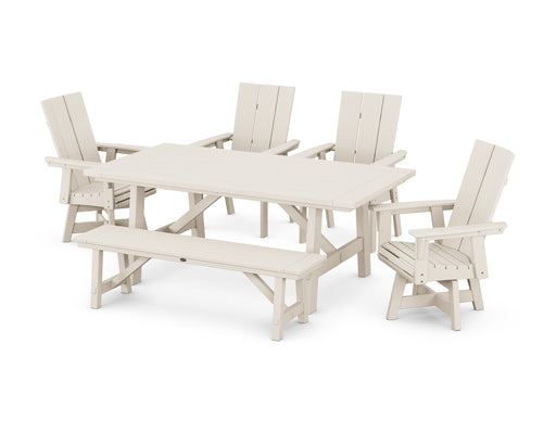 POLYWOOD Modern Curveback Adirondack Swivel Chair 6-Piece Rustic Farmhouse Dining Set with Bench in Sand image