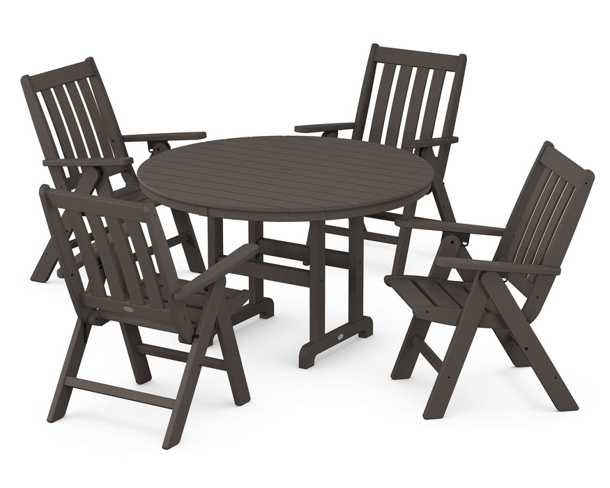 POLYWOOD Vineyard Folding Chair 5-Piece Round Famrhouse Dining Set in Vintage Coffee