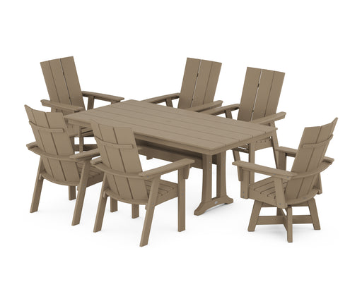 POLYWOOD Modern Curveback Adirondack Swivel Chair 7-Piece Farmhouse Dining Set With Trestle Legs in Vintage Sahara image