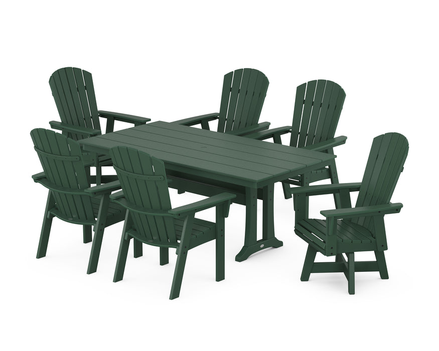 POLYWOOD Nautical Curveback Adirondack Swivel Chair 7-Piece Farmhouse Dining Set With Trestle Legs in Green