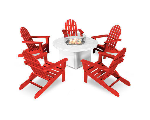 POLYWOOD Classic Folding Adirondack 6-Piece Conversation Set with Fire Pit Table in Sunset Red / White image