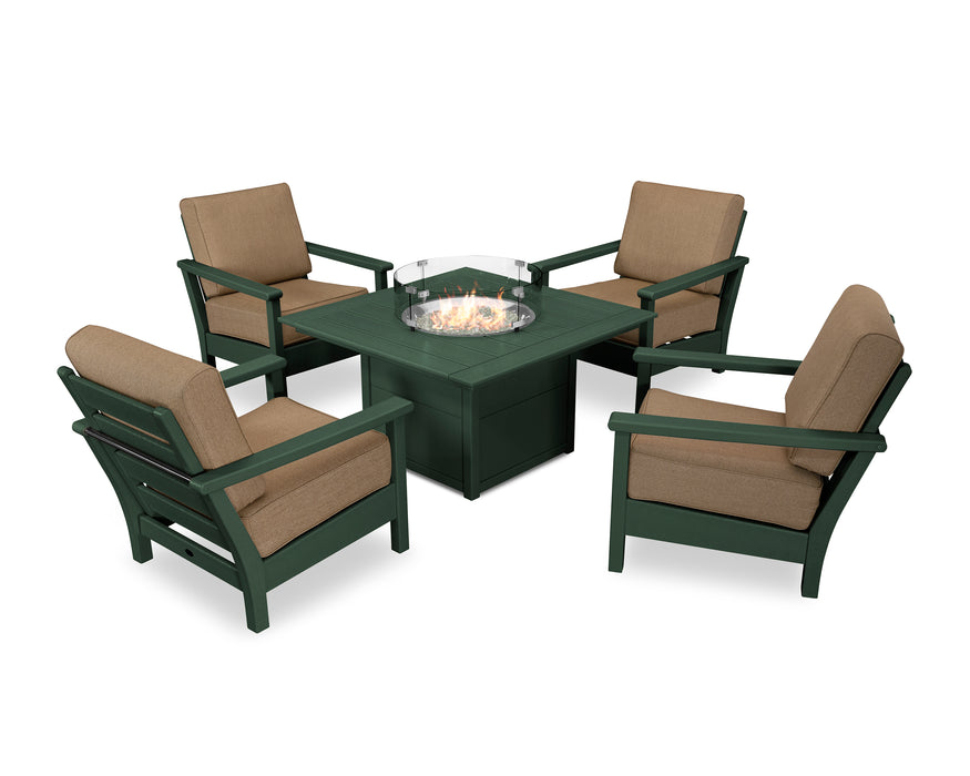 POLYWOOD Harbour 5-Piece Conversation Set with Fire Pit Table in Green / Sesame image