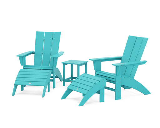 POLYWOOD Modern Curveback Adirondack Chair 5-Piece Set with Ottomans and 18" Side Table in Aruba image