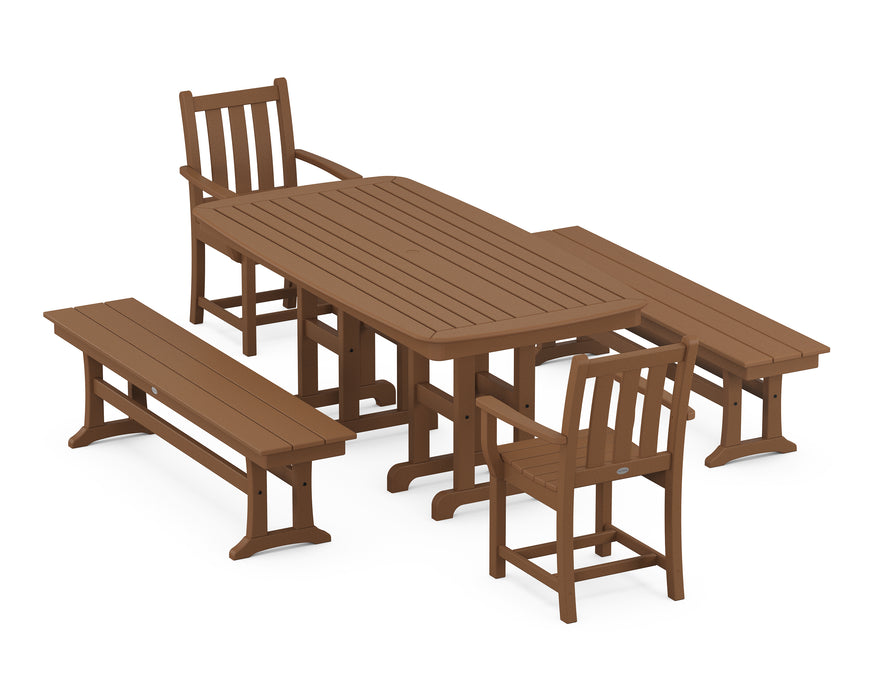 POLYWOOD Traditional Garden 5-Piece Dining Set with Benches in Teak