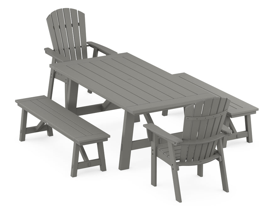 POLYWOOD Nautical Curveback Adirondack 5-Piece Rustic Farmhouse Dining Set With Benches in Slate Grey image