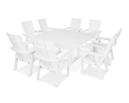 POLYWOOD Modern Curveback Adirondack 9-Piece Farmhouse Trestle Dining Set in White image