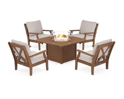 POLYWOOD Braxton 5-Piece Deep Seating Conversation Set with Fire Pit Table in Teak / Dune Burlap image