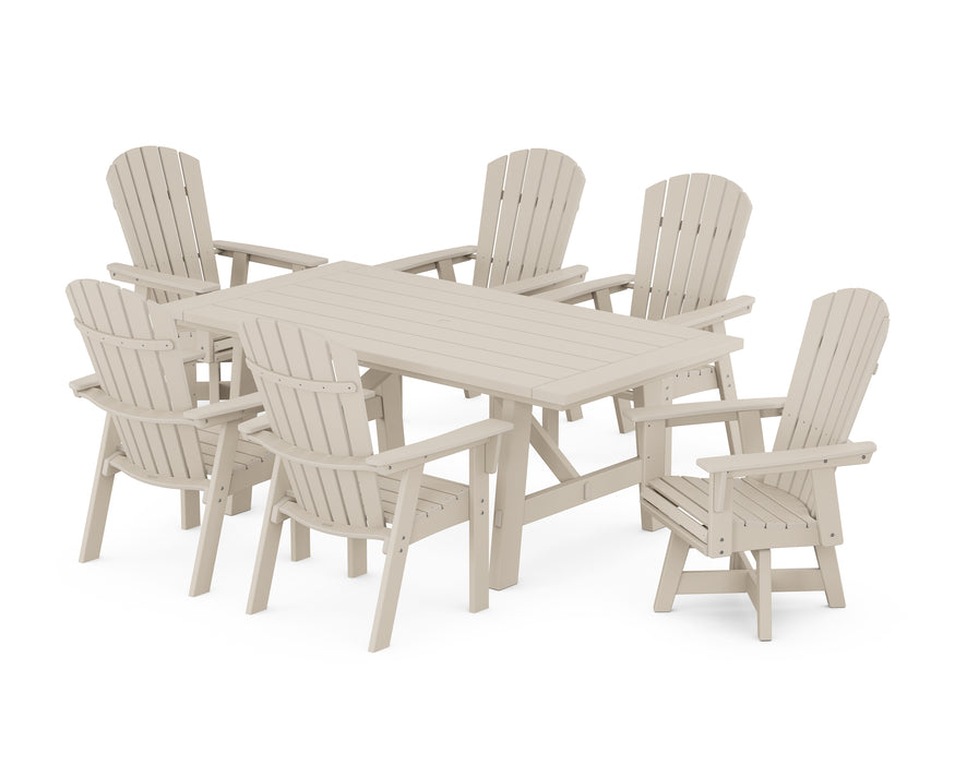 POLYWOOD Nautical Curveback Adirondack Swivel Chaie 7-Piece Rustic Farmhouse Dining Set in Sand