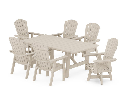 POLYWOOD Nautical Curveback Adirondack Swivel Chaie 7-Piece Rustic Farmhouse Dining Set in Sand image