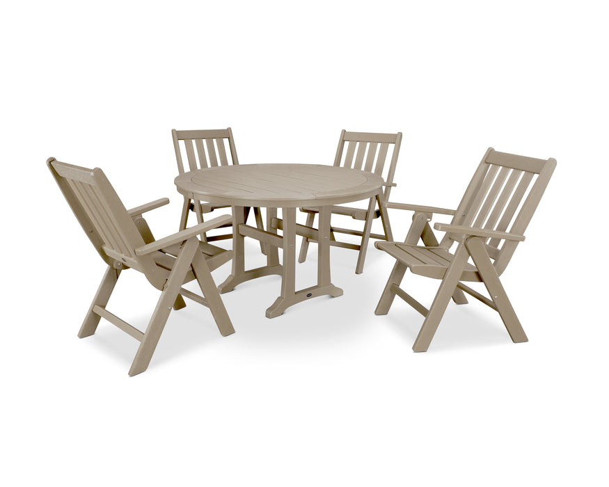 POLYWOOD Vineyard Folding Chair 5-Piece Round Dining Set with Trestle Legs in Vintage Sahara