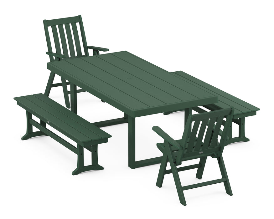 POLYWOOD Vineyard Folding Chair 5-Piece Dining Set with Benches in Green