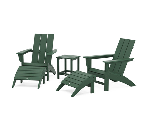 POLYWOOD Modern Adirondack Chair 5-Piece Set with Ottomans and 18" Side Table in Green image